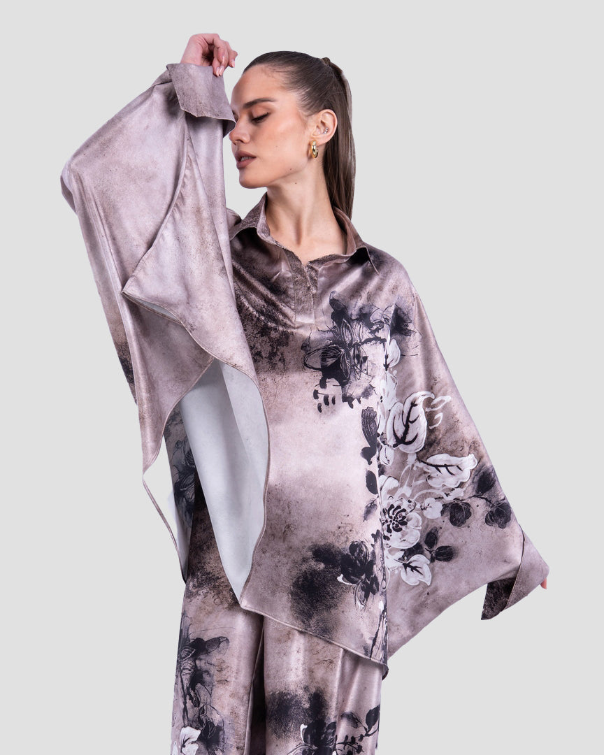 SATIN FLORAL BLOUSE WITH DRAPED SLEEVES