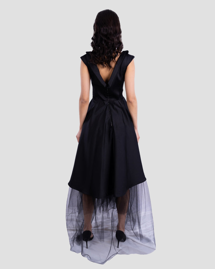 ASYMMETRICAL SATIN DRESS WITH TULLE