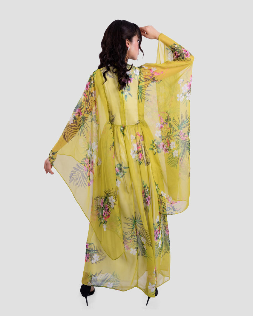 FLORAL PRINTED MAXI DRESS WITH SHEER CAPE
