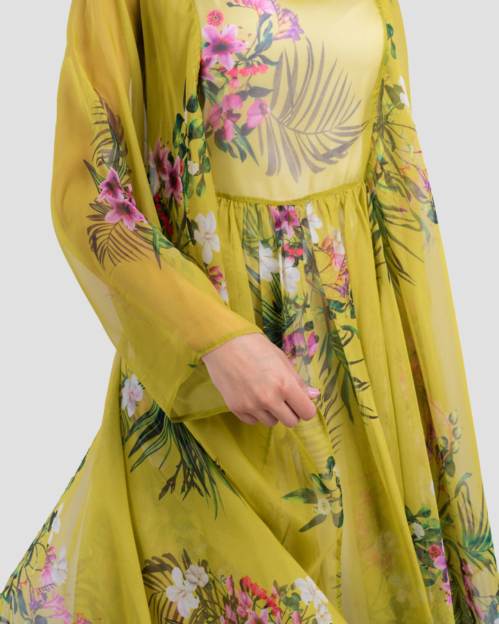 FLORAL PRINTED MAXI DRESS WITH SHEER CAPE