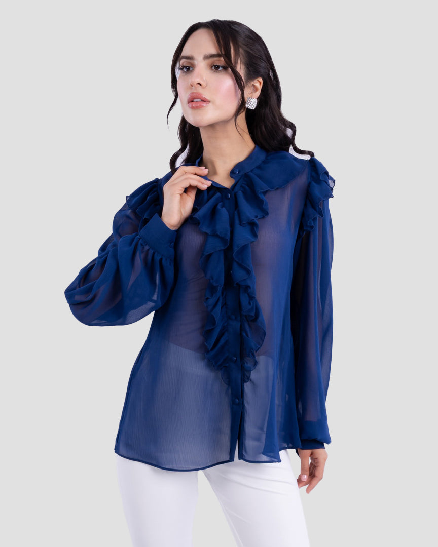RUFFLED BLOUSE WITH HIGH NECK