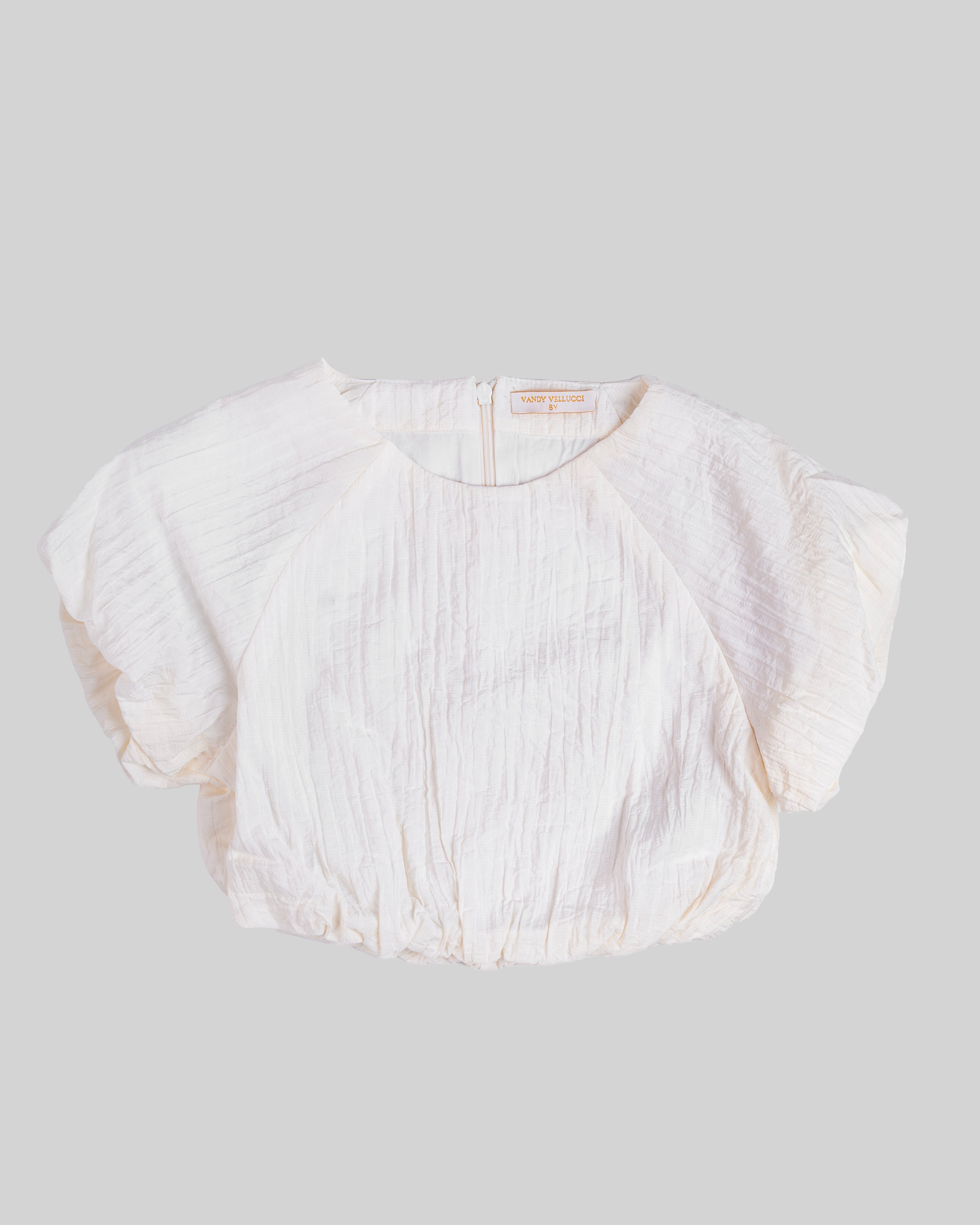 Textured puffy-sleeved top with a round neckline.