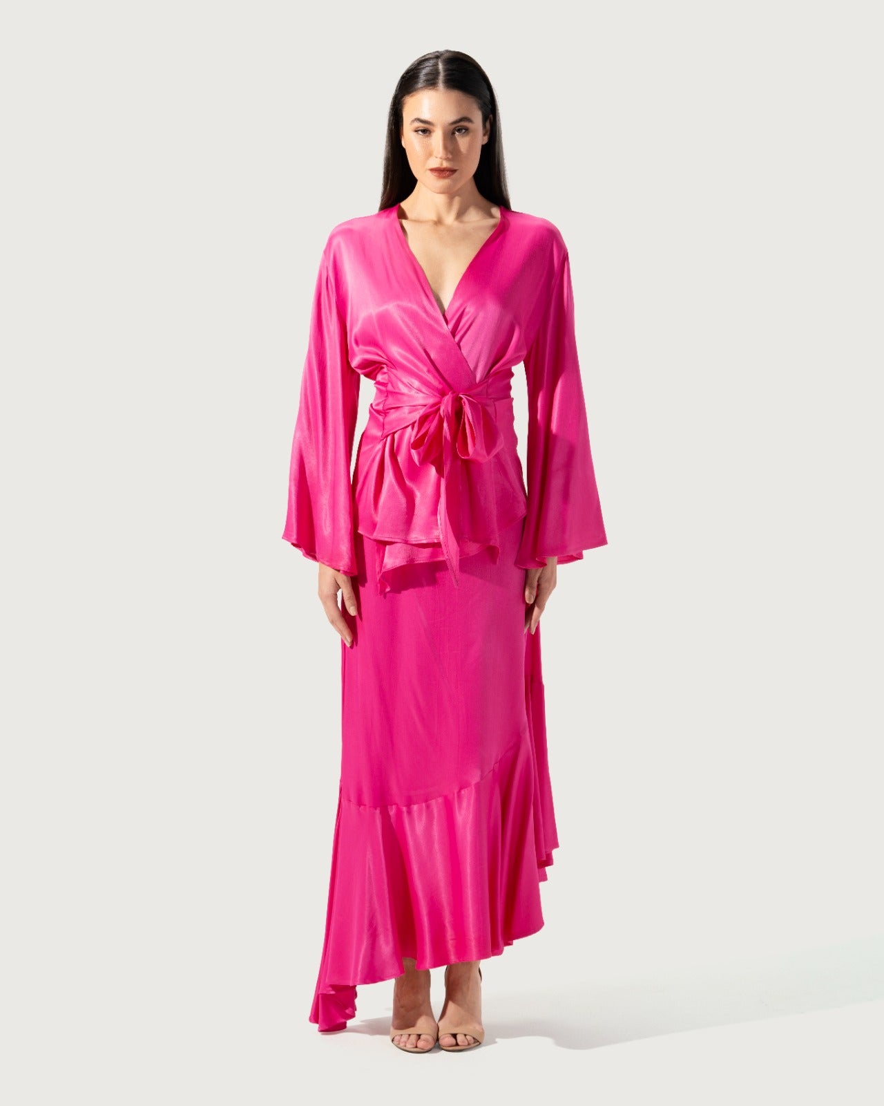SATIN SOLID COLOR V-NECK TIE UP LONG SLEEVE