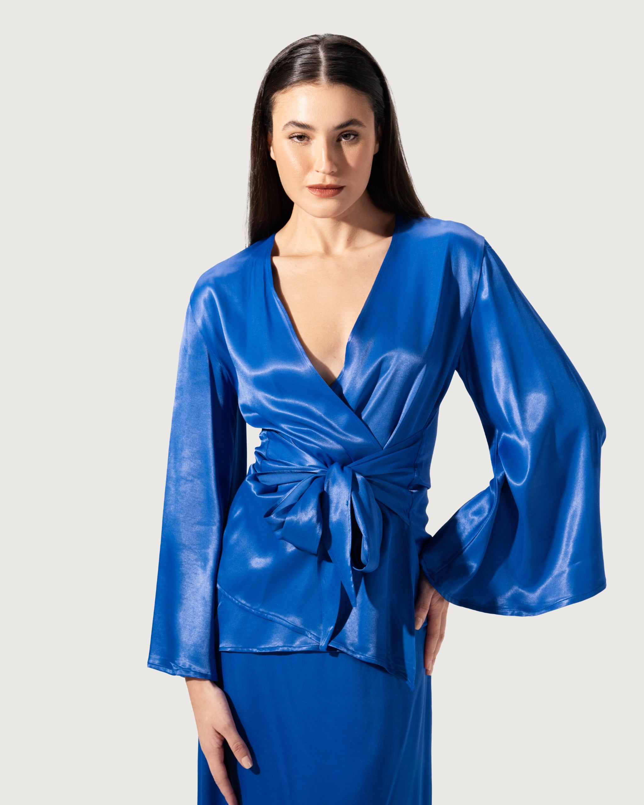 SATIN SOLID COLOR V-NECK TIE UP LONG SLEEVE