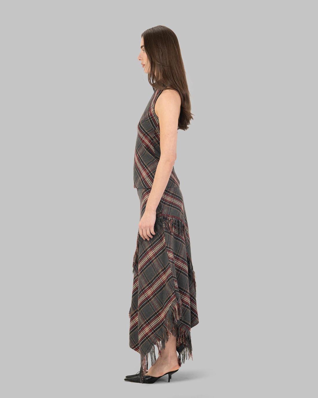 Long maxi skirt in a wool-blend plaid fabric.