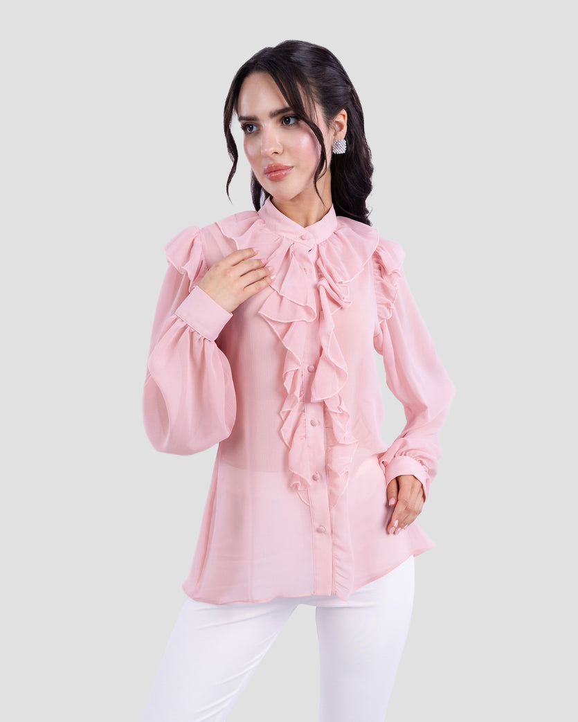 RUFFLED BLOUSE WITH BOW COLLAR