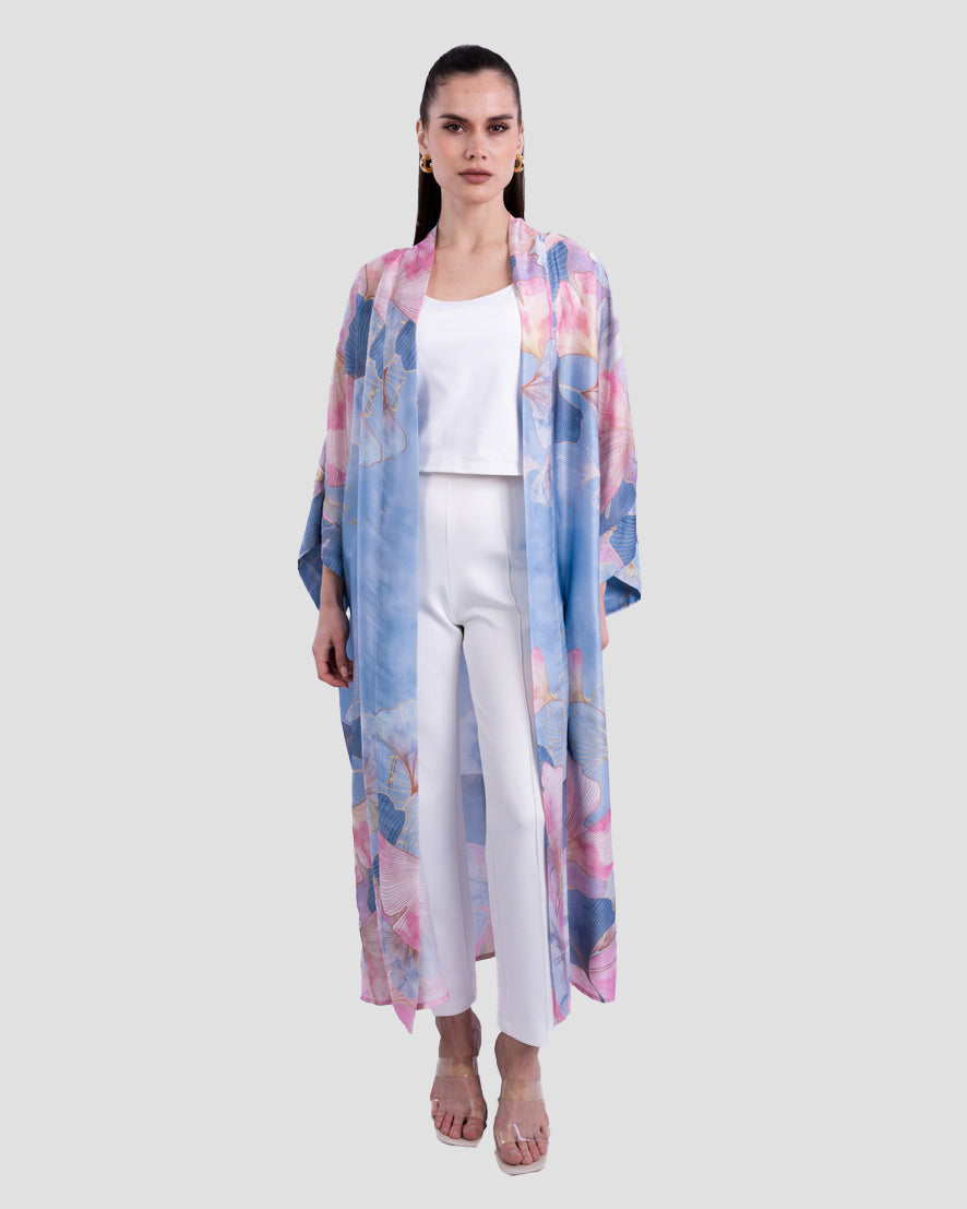 كيمونو بطبعة زهور وأكمام واسعة