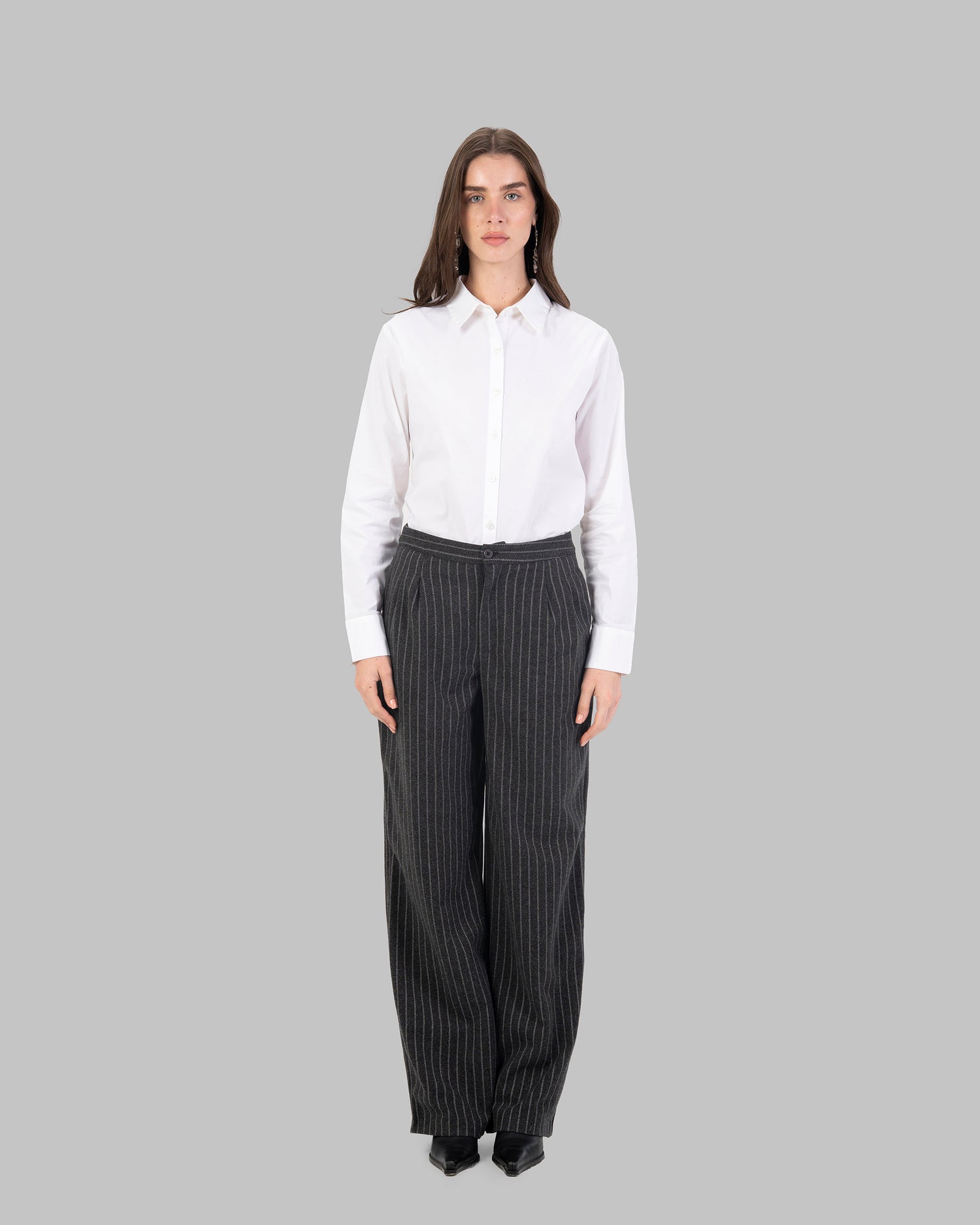 High-Waist Pinstripe Straight  Trousers with Front Pleats.