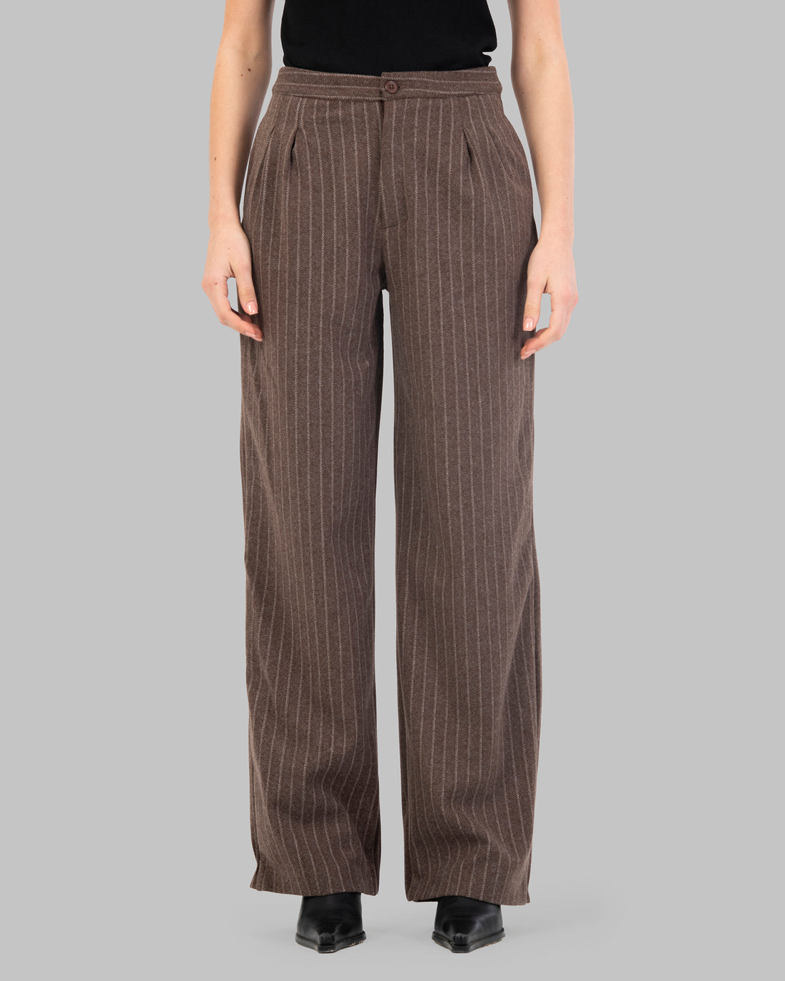 High-Waist Pinstripe Straight Trousers with Front Pleats.