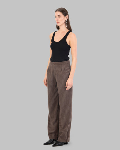 High-Waist Pinstripe Straight  Trousers with Front Pleats.