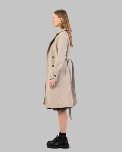 A classic light beige belted coat with a wide collar
