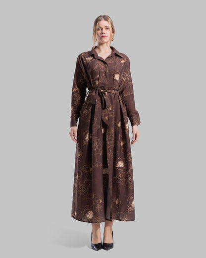 Floral print midi shirt dress with a matching tie belt at the waist.