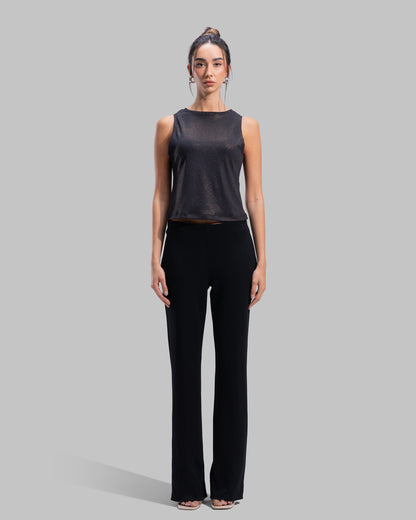 Sleeveless ribbed tank top with a metallic thread finish and a round neck.