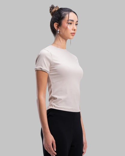Short sleeve ribbed top with a shimmering metallic finish and round neck.