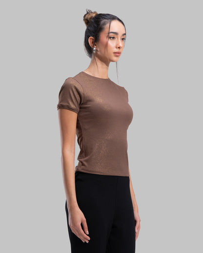 Short sleeve ribbed top with a shimmering metallic finish and round neck.