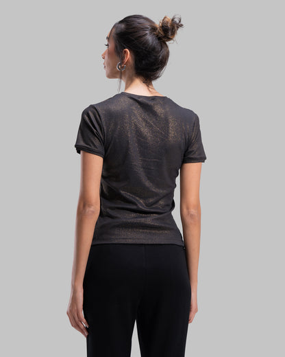 Short sleeve ribbed top with a shimmering metallic finish and round neck.