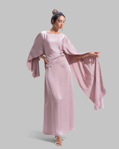 An elegant satin gown of sweeping length