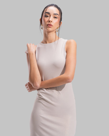 Sleeveless ribbed maxi dress with a round neckline and a tight-fit silhouette.