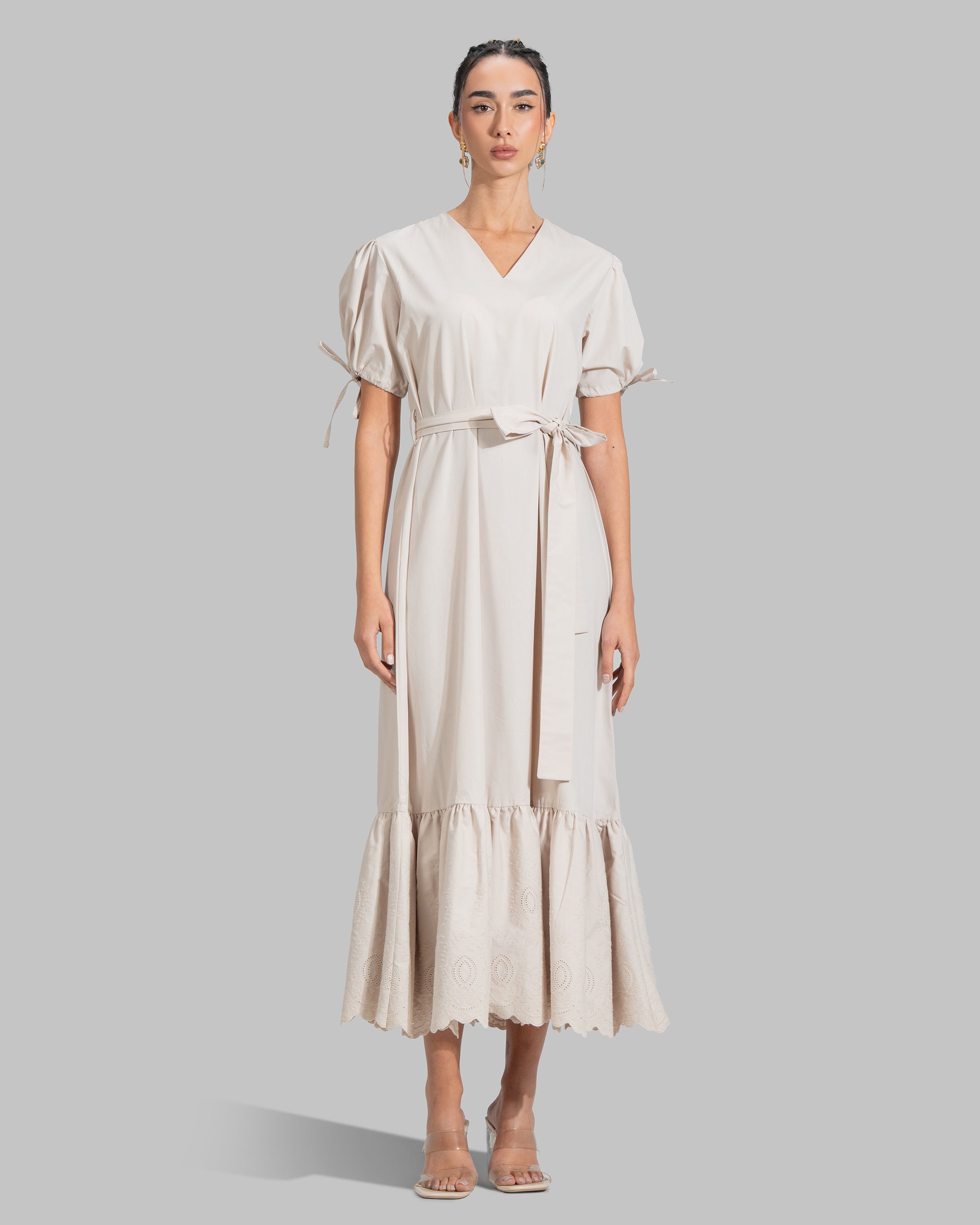 V-NECK MIDI DRESS WITH BELT DESIGNED