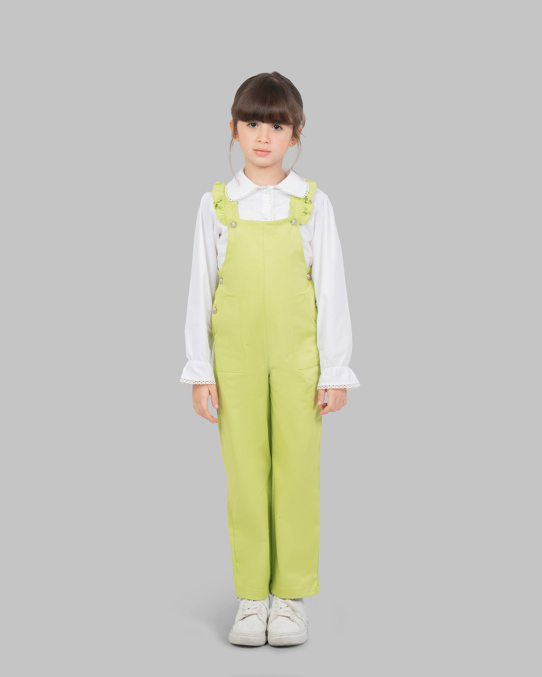 jumpsuit in flashy colors with adjustable shoulder straps and ruffle detailing.