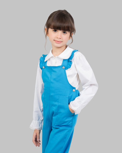 jumpsuit in flashy colors with adjustable shoulder straps and ruffle detailing.