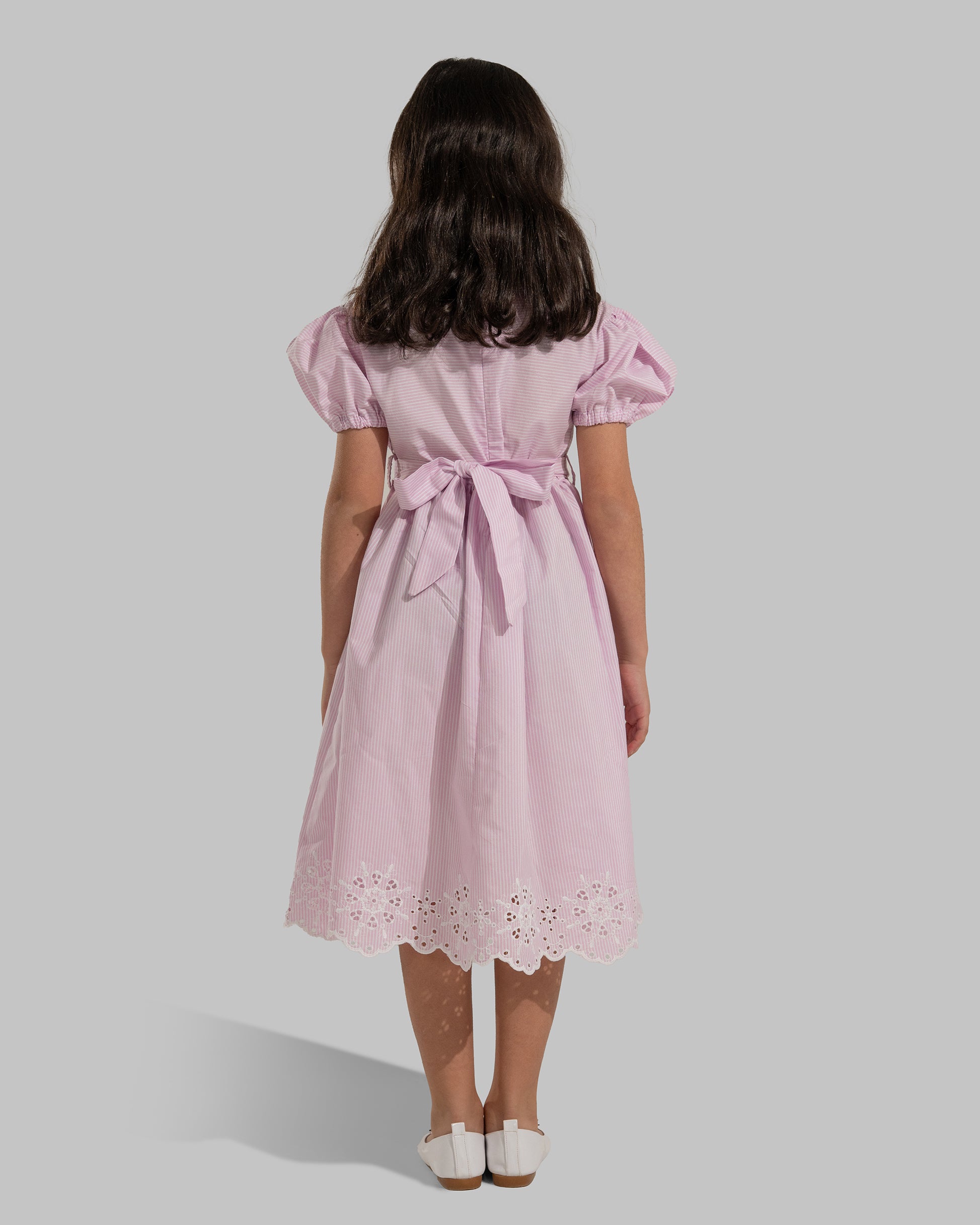 Striped puff-sleeve dress with a matching tie belt.