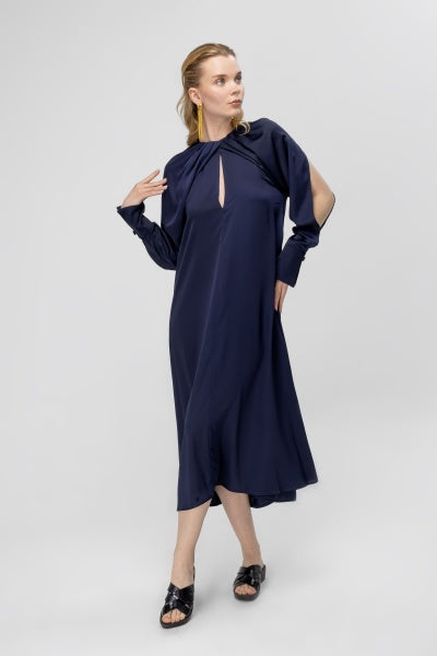 PLEATED BOAT NECK DRESS