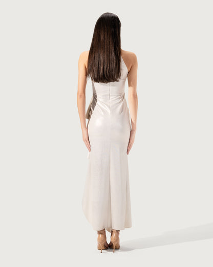 MIDI DRESS SILVER SLEEVELESS  ASYMMETRIC WITH RUFFELS