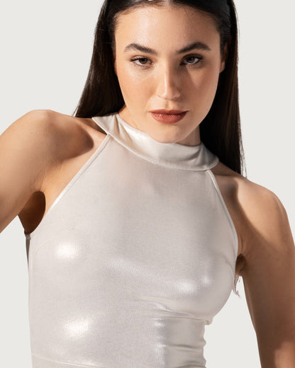 MIDI DRESS SILVER SLEEVELESS  ASYMMETRIC WITH RUFFELS