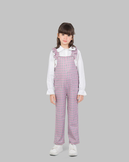 jumpsuit with houndstooth print adjustable shoulder straps and ruffle detailing.