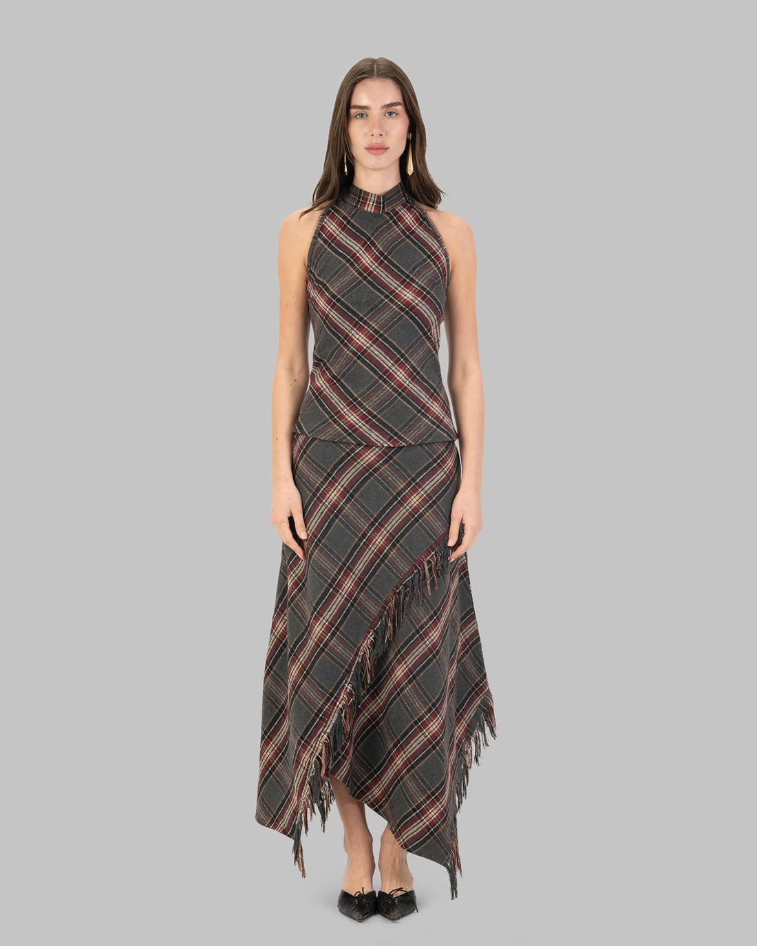 Long maxi skirt in a wool-blend plaid fabric.