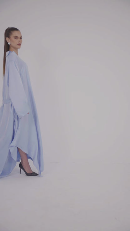 SATIN BELTED MAXI DRESS WITH WIDE SLEEVES